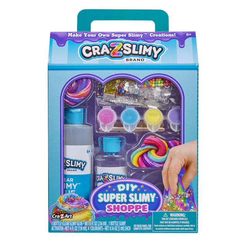 Cra-Z-Slimy DIY Super Slimy Shoppe make-your-own slime kit with clear slime glue, activator, pink, blue, yellow and purple colors, confetti, beads, and slime-making supplies.