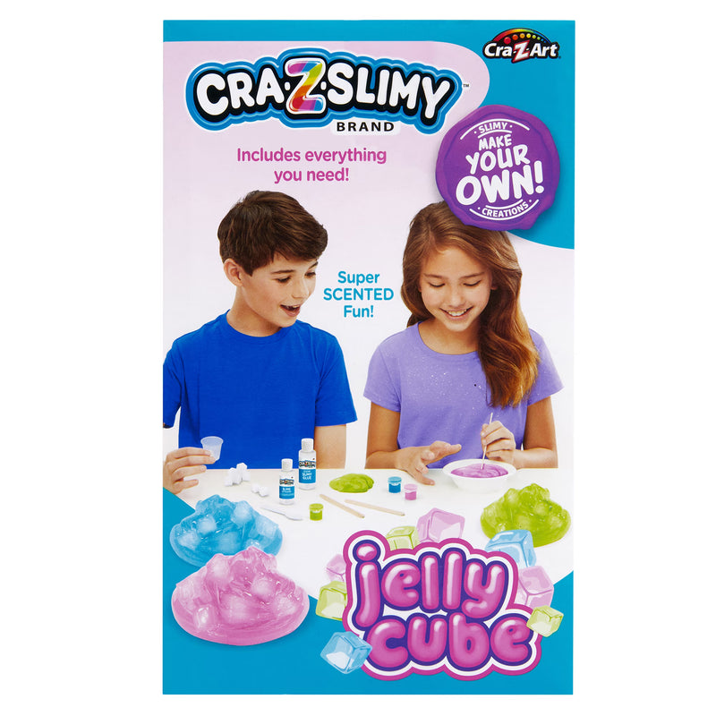 Cra-Z-Slimy Jelly Cube DIY scented slime kit with clear slime glue, activator, 3 colorants, 25 foam cubes, mixing tools, bowls, and storage cups for ages 6+.