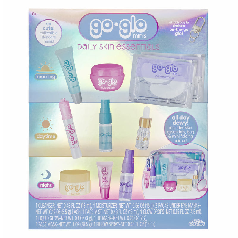 Go Glo Minis Skin Rituals Tween Skincare & Spa Set in a zippered pouch, featuring a collection of baby skincare products including a mirror, moisturizer, eye mask, and lip mask, shown on its retail packaging.