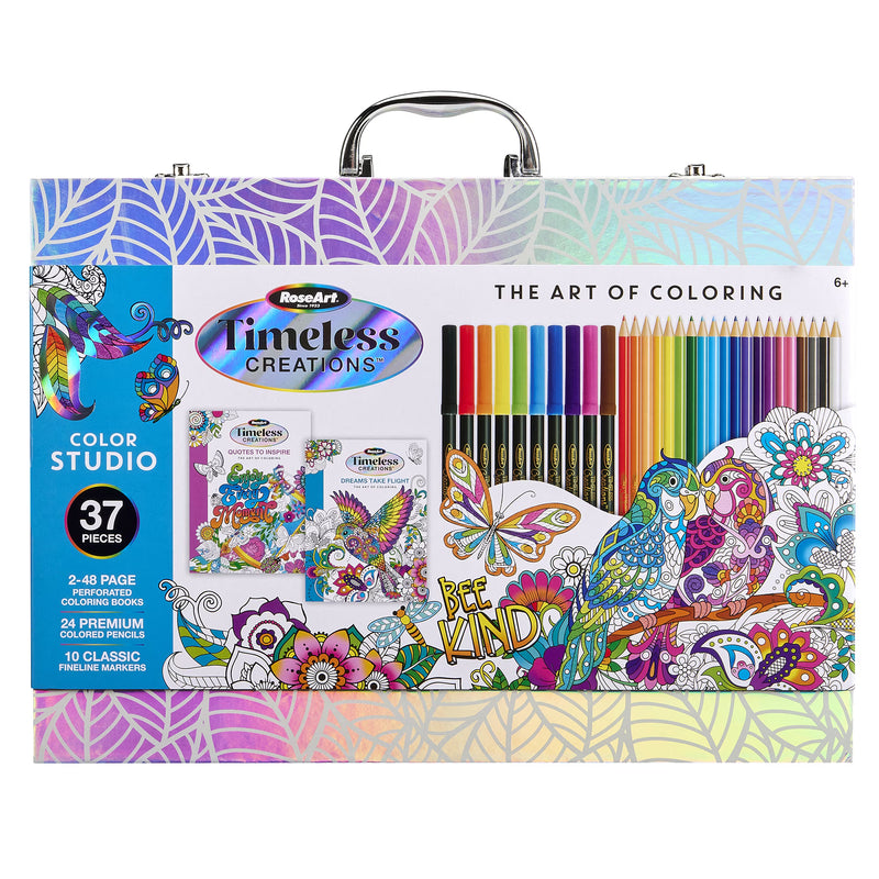Estuche para colorear Timeless Creations, juego de 37 piezas, libros para colorear con marcadores y lápices de colores