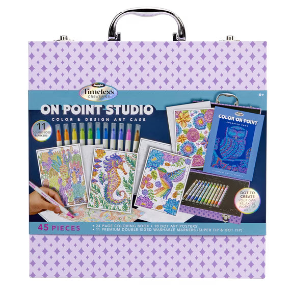 RoseArt Timeless Creations On Point Studio 45-piece dot art and coloring set with double-sided washable markers, coloring book, dot art posters and purple carrying case.