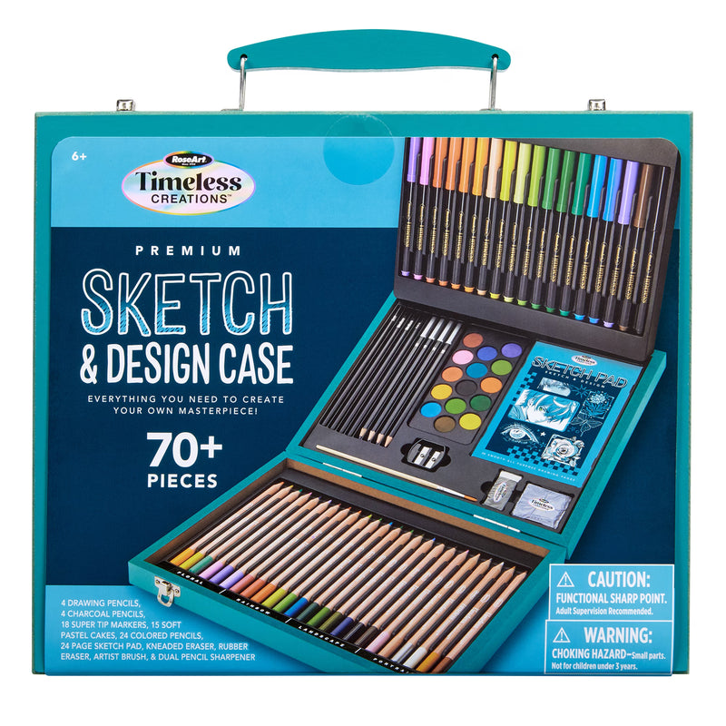 RoseArt Timeless Creations Premium Sketch & Design 70+ piece art set with colored pencils, markers, pastels, drawing and charcoal pencils, sketch pad and teal wooden carrying case.