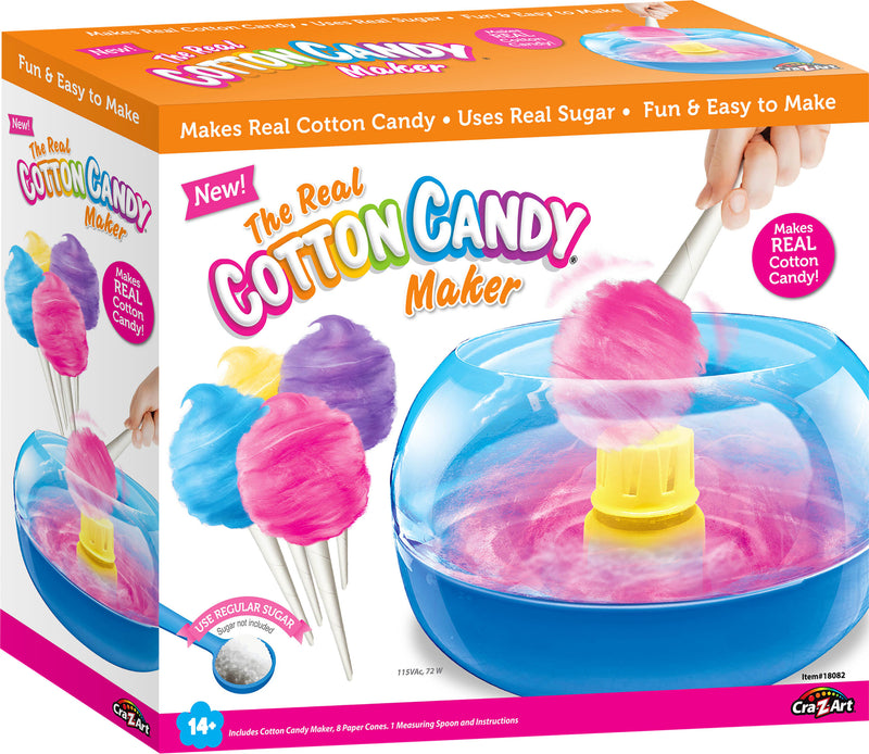 Packaging of **The Real Cotton Candy Maker** showing the device with spun cotton candy. The text highlights that it uses real sugar and is fun and easy to use.