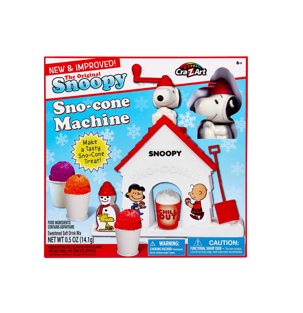 Box of "Snoopy Snow Cone Maker," featuring Snoopy on top of a red doghouse with three colorful sno-cones and characters from Peanuts. Includes product details and safety warnings.