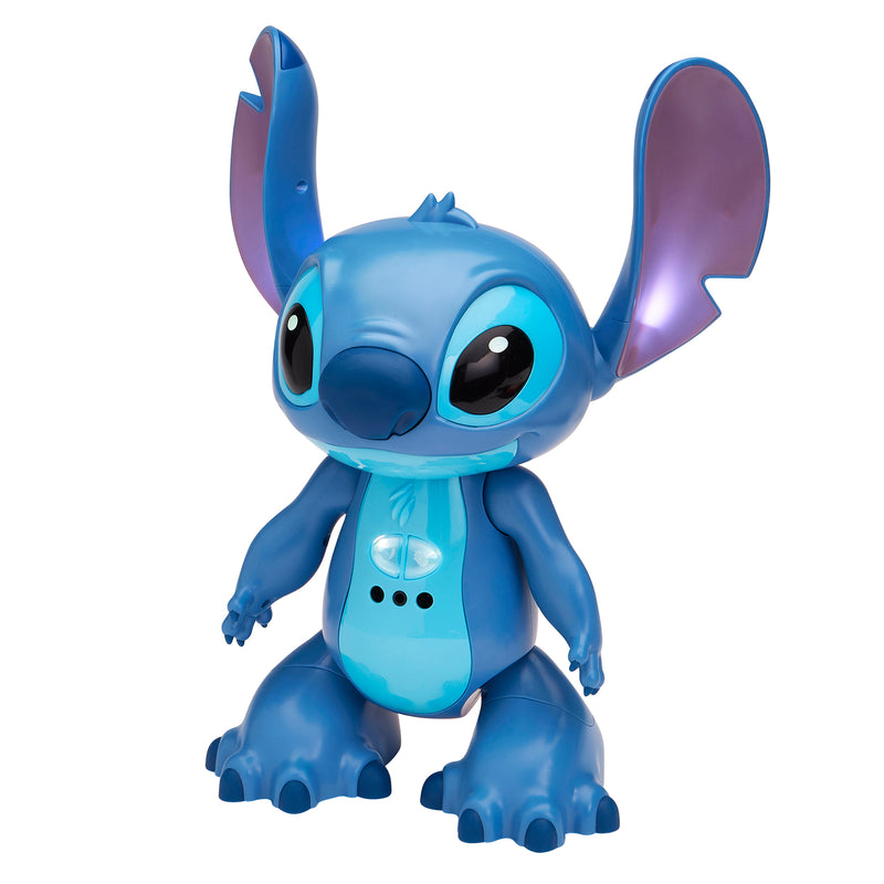 A blue alien character toy with large ears, big black eyes, and four toes on each foot, standing upright against a white background.