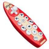A red and beige toy remote control with white buttons, a joystick, and the Lexibook logo, themed with "Stitch" branding.