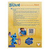 Back of a Disney Stitch remote-controlled interactive robot toy box displaying product features, a blue Stitch image, remote control, QR code, and assembly instructions.