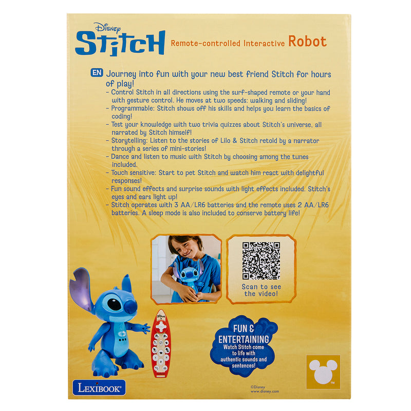 Back of a Disney Stitch remote-controlled interactive robot toy box displaying product features, a blue Stitch image, remote control, QR code, and assembly instructions.