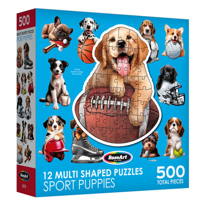 The RoseArt Mini Shaped Sport Pups 500 Piece Jigsaw Puzzles set includes 12 uniquely shaped mini jigsaw puzzles, each featuring adorable sport-themed images of puppies with equipment like footballs and basketballs.