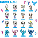 The Disney Crystal Surprise Series 2 checklist features 16 characters, including princesses, Olaf, Kristoff, Sven, Goofy, and four mystery Stitch versions shown with question marks.