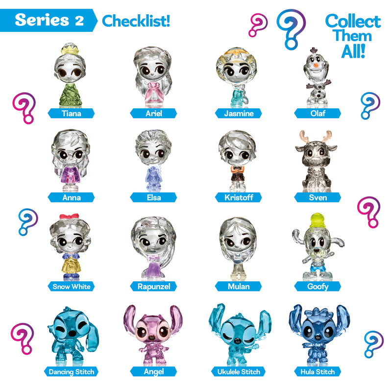 The Disney Crystal Surprise Series 2 checklist features 16 characters, including princesses, Olaf, Kristoff, Sven, Goofy, and four mystery Stitch versions shown with question marks.