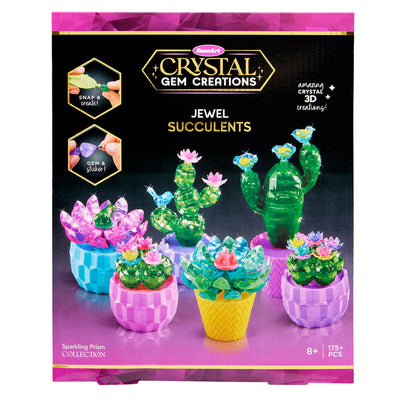 A box of Crystal Gem Creations Jewel Succulents features vibrant crystal succulent models with assembly instructions and is recommended for ages 8 and up.