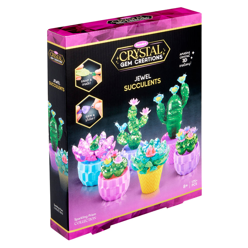 The Crystal Gem Creations Jewel Succulents kit features vibrant crystal plants in pots, perfect for ages 8+. It includes all tools and materials needed to craft stunning 3D creations inspired by the enchanting world of Jewel Succulents.