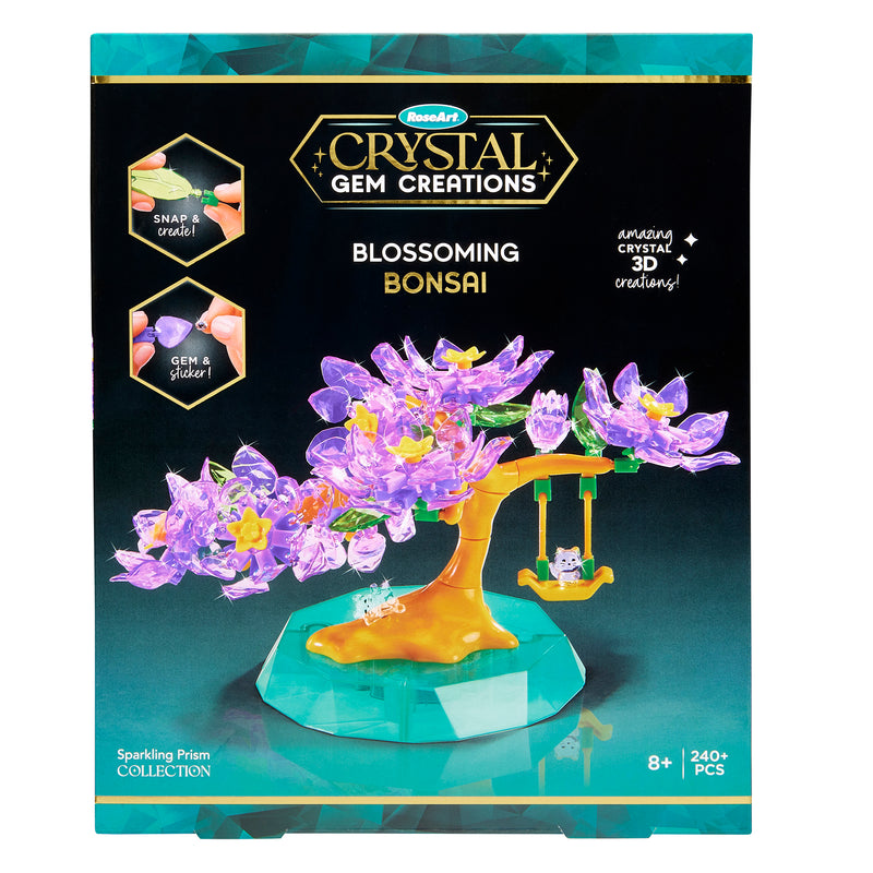The Crystal Gem Creations Blossoming Bonsai kit showcases a striking purple gem bonsai tree on its front. With over 240 pieces, it's ideal for creative individuals aged 8 and up.