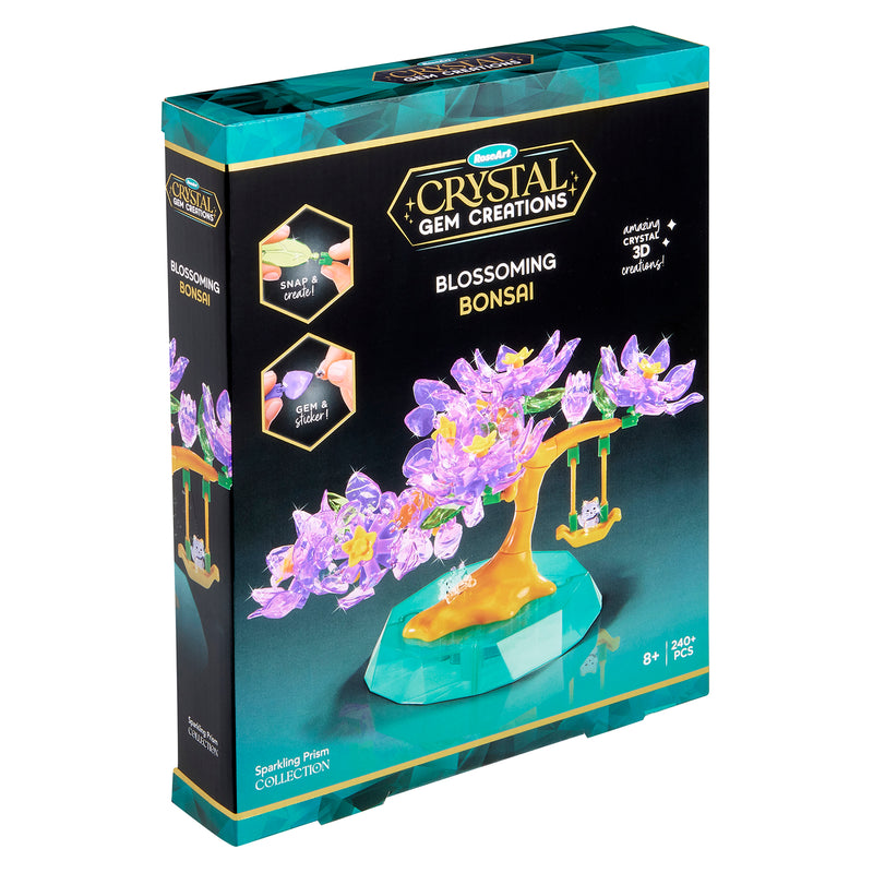 The Crystal Gem Creations Blossoming Bonsai kit captivates with its enchanting tree and swing design. Ideal for ages 8+, it contains over 140 pieces to spark creativity and imagination.