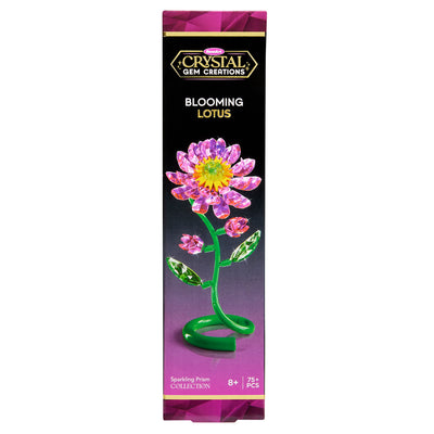 The "Crystal Gem Creations Blooming Lotus" kit features a vibrant lotus design on lively green packaging. Suitable for ages 8+, it includes over 75 pieces, inspiring creativity and color while embodying the essence of Crystal Gem Creations.