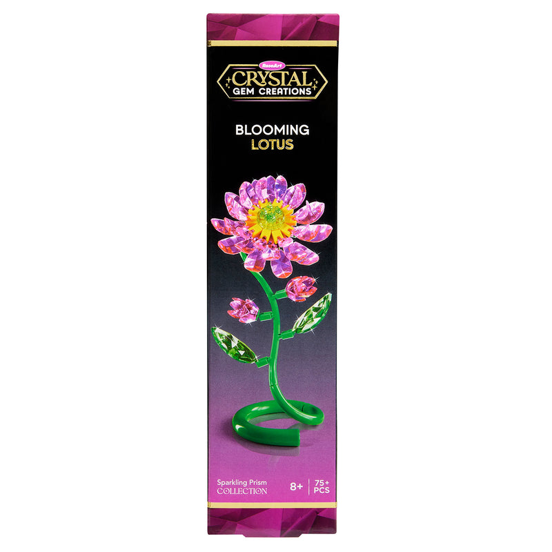 The "Crystal Gem Creations Blooming Lotus" kit features a vibrant lotus design on lively green packaging. Suitable for ages 8+, it includes over 75 pieces, inspiring creativity and color while embodying the essence of Crystal Gem Creations.