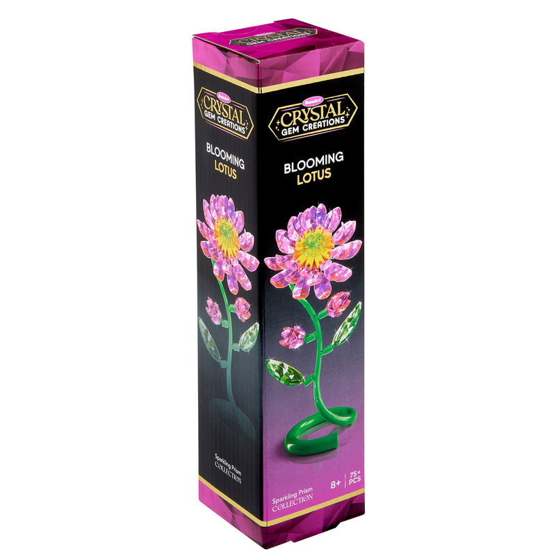 Explore the Crystal Gem Creations Blooming Lotus kit, showcasing a striking crystal lotus flower with pink petals and green leaves against a bold black and purple background.