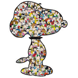 A large collage of various Peanuts comic strip characters forms the shape of RoseArt-Peanuts-World's Largest Snoopy-1600 Piece Jigsaw Puzzle.