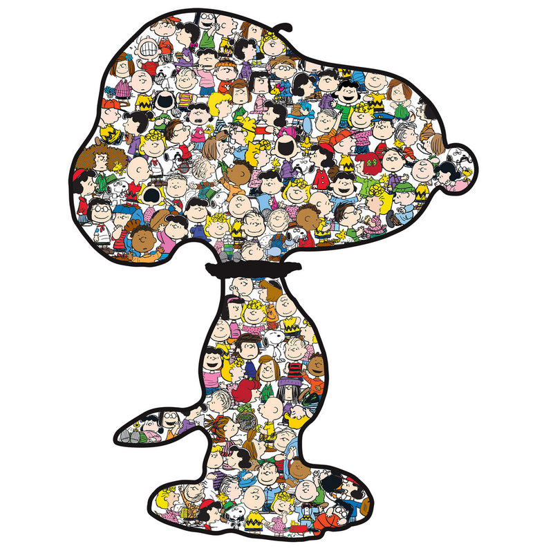 A large collage of various Peanuts comic strip characters forms the shape of RoseArt-Peanuts-World's Largest Snoopy-1600 Piece Jigsaw Puzzle.