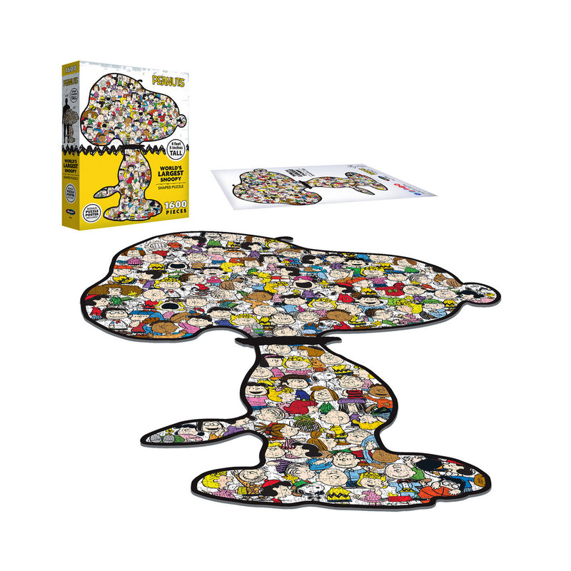A 1000-piece Peanuts jigsaw puzzle, completed and displayed. The RoseArt-Peanuts-World's Largest Snoopy-1600 Piece Jigsaw Puzzle and box feature a mosaic of Peanuts characters forming the shape of Snoopy.