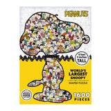 A 1600-piece RoseArt-Peanuts-World's Largest Snoopy-1600 Piece Jigsaw Puzzle shaped like Snoopy, featuring various Peanuts characters. It is advertised as the world's largest Snoopy-shaped puzzle, measuring 4 feet 5 inches tall. Includes a bonus puzzle poster.