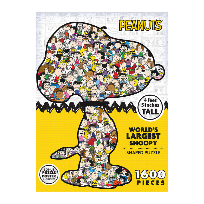 A 1600-piece RoseArt-Peanuts-World's Largest Snoopy-1600 Piece Jigsaw Puzzle shaped like Snoopy, featuring various Peanuts characters. It is advertised as the world's largest Snoopy-shaped puzzle, measuring 4 feet 5 inches tall. Includes a bonus puzzle poster.