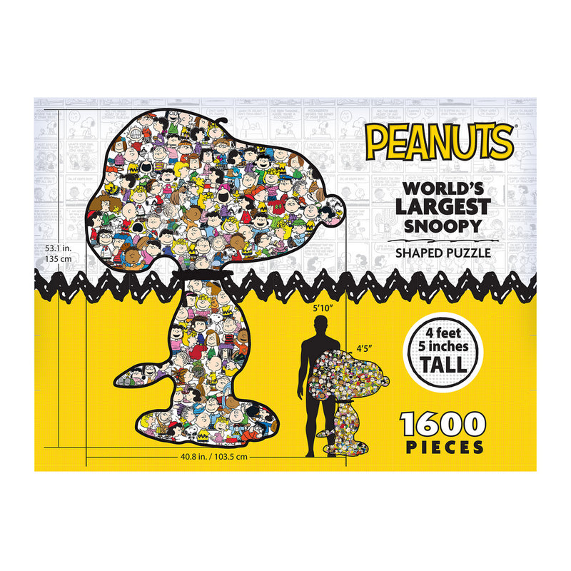 Image of a puzzle box labeled "RoseArt-Peanuts-World's Largest Snoopy-1600 Piece Jigsaw Puzzle" containing 1600 pieces. Dimensions are 53.1 inches tall and 40.8 inches wide. The completed puzzle is shown beside a height chart.