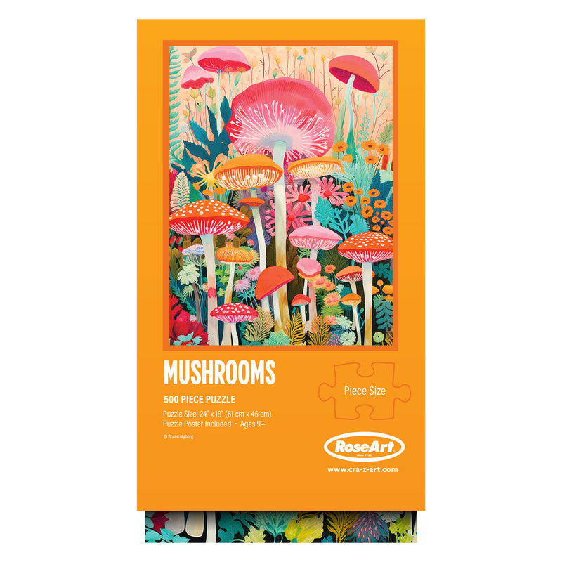 The ROSEART Vertical Visions Mushrooms 500-piece jigsaw puzzle features a colorful illustration of various mushrooms and plants.