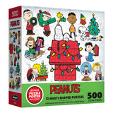 A RoseArt - Peanuts Holiday Friends 12 Multi-Shaped - 500 Piece Jigsaw Puzzle box featuring 12 multi-shaped puzzles with characters celebrating Christmas. The box includes a bonus poster depicting various Peanuts characters in festive scenes.