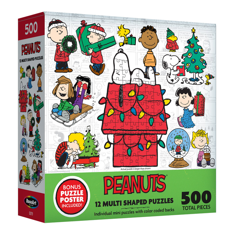 A RoseArt - Peanuts Holiday Friends 12 Multi-Shaped - 500 Piece Jigsaw Puzzle box featuring 12 multi-shaped puzzles with characters celebrating Christmas. The box includes a bonus poster depicting various Peanuts characters in festive scenes.