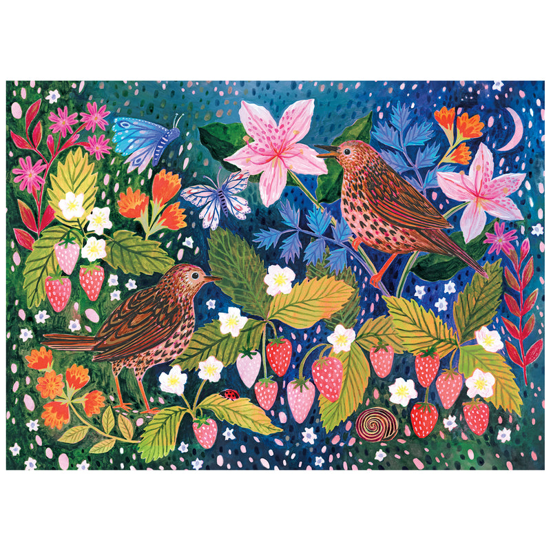 Two birds, strawberries, flowers, leaves, a butterfly, and a snail decorate a dark speckled scene in the ROSEART Soft Touch Strawberry Thief 1000 Piece Jigsaw Puzzle.