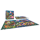The ROSEART Soft Touch Strawberry Thief 1000 Piece Jigsaw Puzzle, featuring a vibrant bird and floral design, is displayed completed with its box and an unfinished puzzle.