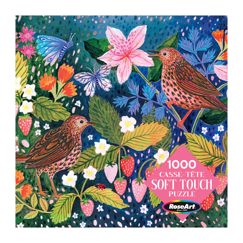 Colorful illustration of two birds with strawberries, flowers, and butterflies on the ROSEART SOFT TOUCH STRAWBERRY THIEF 1000-piece jigsaw puzzle, inspired by the classic Strawberry Thief design.