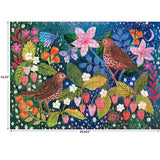 ROSEART - SOFT TOUCH - STRAWBERRY THIEF 1000 PIECE JIGSAW PUZZLE features two birds, strawberries, flowers, butterflies, and a snail on a blue-green background. Finished puzzle size is 19.25" x 26.625".