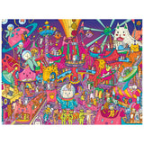 Experience the ROSEART Catopia Cosmic Park 500 Piece Jigsaw Puzzle—cats in spacesuits, alien vehicles, planets, rockets, and a big white dog in a whimsical outer space scene for a purrfect puzzle adventure!.