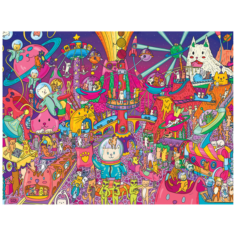 Experience the ROSEART Catopia Cosmic Park 500 Piece Jigsaw Puzzle—cats in spacesuits, alien vehicles, planets, rockets, and a big white dog in a whimsical outer space scene for a purrfect puzzle adventure!.