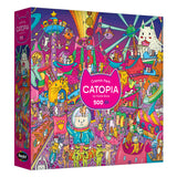 The ROSEART-CATOPIA-COSMIC PARK-500 PIECE JIGSAW PUZZLE features colorful, whimsical cat illustrations in a vibrant amusement park with playful space and cosmic elements.