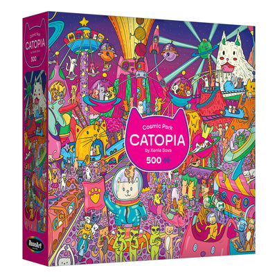 The ROSEART-CATOPIA-COSMIC PARK-500 PIECE JIGSAW PUZZLE features colorful, whimsical cat illustrations in a vibrant amusement park with playful space and cosmic elements.