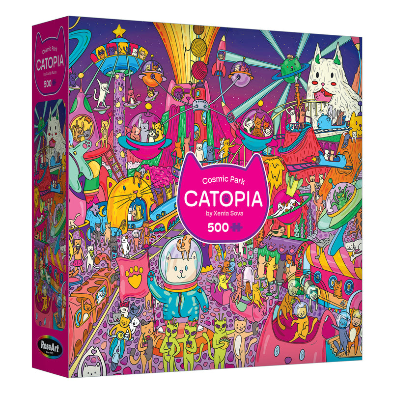 The ROSEART-CATOPIA-COSMIC PARK-500 PIECE JIGSAW PUZZLE features colorful, whimsical cat illustrations in a vibrant amusement park with playful space and cosmic elements.