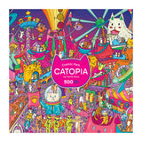 Colorful illustration of a whimsical space-themed amusement park with cats and cat rides, featuring "ROSEART-CATOPIA-COSMIC PARK-500 PIECE JIGSAW PUZZLE"—a delightful puzzle adventure for cat lovers!.