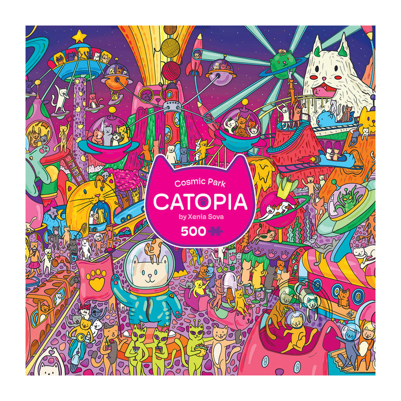 Colorful illustration of a whimsical space-themed amusement park with cats and cat rides, featuring "ROSEART-CATOPIA-COSMIC PARK-500 PIECE JIGSAW PUZZLE"—a delightful puzzle adventure for cat lovers!.