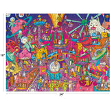 The ROSEART Catopia Cosmic Park 500-piece jigsaw puzzle features a vibrant outer space scene with aliens, spaceships, and astronauts and measures 18" x 24".