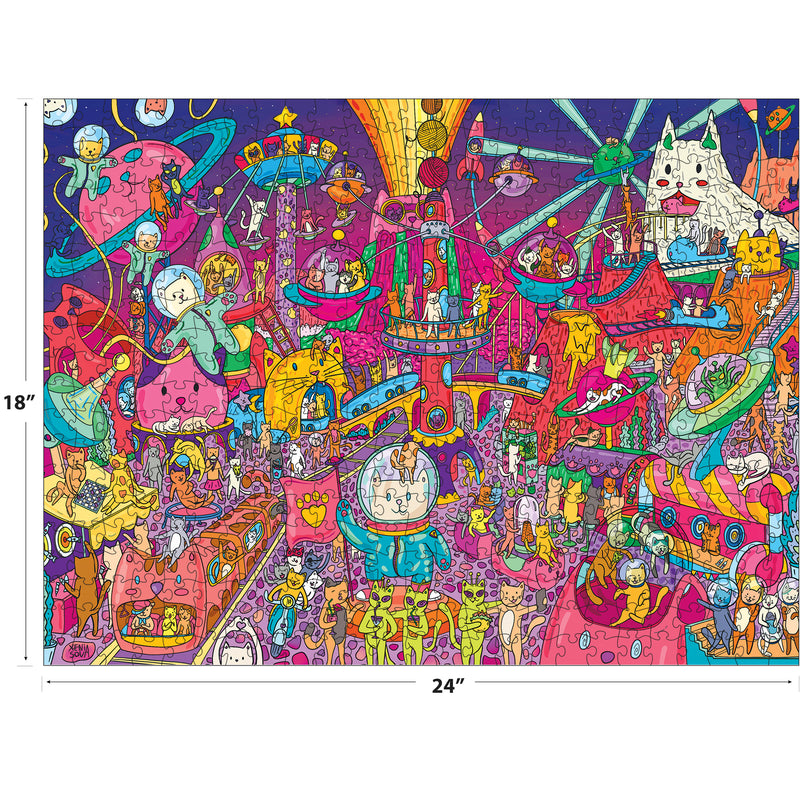 The ROSEART Catopia Cosmic Park 500-piece jigsaw puzzle features a vibrant outer space scene with aliens, spaceships, and astronauts and measures 18" x 24".