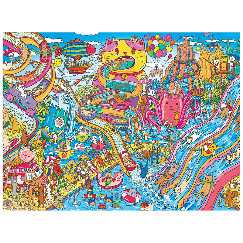 Vibrant illustration of animal friends at Catopia Water Park with slides, a cat-shaped structure, and playful water features—perfect for the ROSEART-CATOPIA-WATER PARK-500 PIECE JIGSAW PUZZLE.