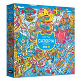 The ROSEART-CATOPIA-WATER PARK-500 PIECE JIGSAW PUZZLE features cartoon cats at a vibrant water park with slides, pools, and fun attractions. The box is colorful and contains 500 puzzle pieces.