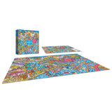 The completed ROSEART-CATOPIA-WATER PARK-500 PIECE JIGSAW PUZZLE, featuring colorful city landmarks like a water park, is displayed next to its box and the unassembled puzzle.