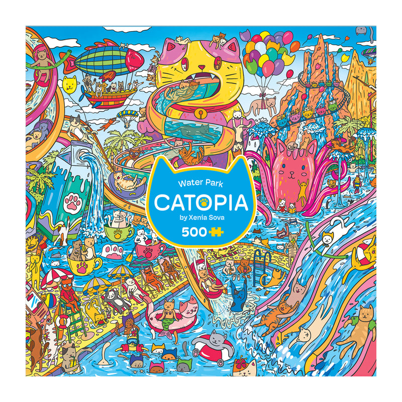 The ROSEART CATOPIA Water Park 500-piece jigsaw puzzle features a lively cat-themed water park with slides, pools, balloons, and playful cats on the illustrated box cover.