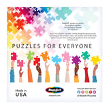 Illustration of diverse hands holding colorful puzzle pieces, including the ROSEART-CATOPIA-WATER PARK-500 PIECE JIGSAW PUZZLE, above “Puzzles for Everyone,” with RoseArt branding and social media details.