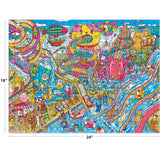 Experience the ROSEART-CATOPIA-WATER PARK-500 PIECE JIGSAW PUZZLE, featuring a vibrant 18x24 inch cat-themed water park with rides, slides, balloons, and playful cats in a whimsical illustration.